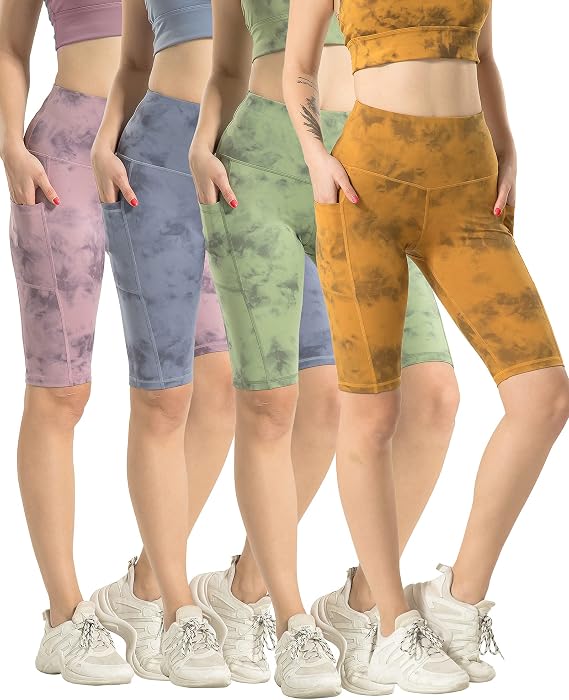 WHOUARE 4 Pack Biker Yoga Shorts with Pockets for Women,High Waisted Athletic Running Workout Gym Shorts Tummy Control
