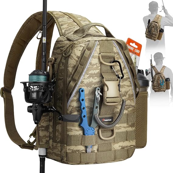 Piscifun Fishing Backpack, Rod Holders, Lightweight Sling Bag, Khaki Camo | Fits 2x3600 trays, bottle pocket, MOLLE loops, 4-way carry for short bank fishing trips