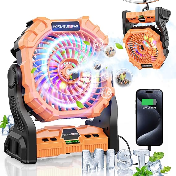 BAIWU Portable Misting Fan with RGB Light, 12000mAh Rechargeable Battery, Personal Cooling Fan for Tents with Timer & Hook, Camping Gear for Fishing, Beach, Travel, Hurricane (Orange)