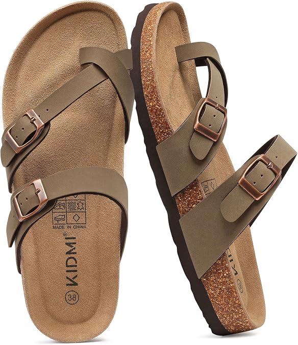 KIDMI Women's Cork Footbed Sandals with Toe Loop Comfortable Slip On Slides