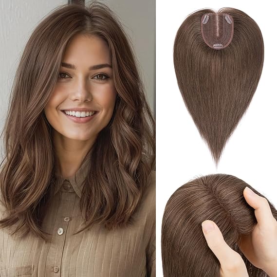 Benehair 100% Human Toppers for Women 12 Inch No Bangs Top Pieces for Thinning Hair 4 * 4.7'' Hand Made Lace Base Clip in Hair Topper with 3 Clips Dark Brown