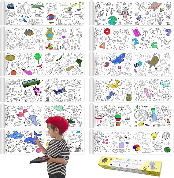 Raissily 12PCS Childrens Drawing Roll, 35.4" x 11.8" Coloring Paper Rolls Graffiti Scroll DIY Filling Picture Desktop Painting Paper for Kids Gift