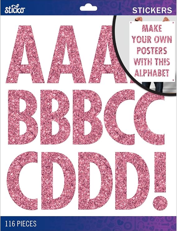 Sticko Alphabet Stickers, Regular X-Large, Pink Glitter Futura