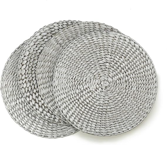 Benson Mills Water Hyacinth Braided Round Placemat Set of 4, for Everyday, Parties, Holiday, Winter, and Christmas Place Mats (Silver, 13.5" Round)