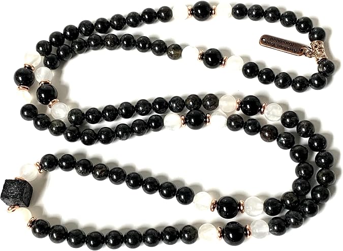 Black Tourmaline & Selenite Mala Necklace 108 Beads, Birthstone Energy