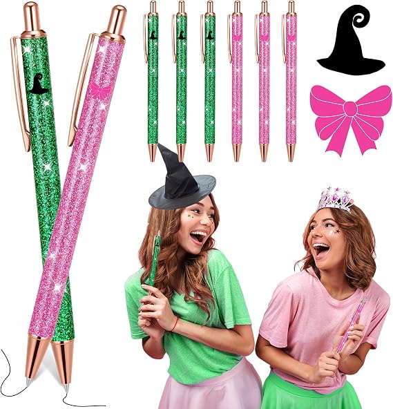 Yeaqee 6 Pcs Pink and Green Gift Pens Set Witch Glitter Pens Bulk for Women | Sparkle Pens for Girls, Witch Themed Party Gifts Favors, Friendship Matching Fancy Ballpoint Pens for School Office Supplies