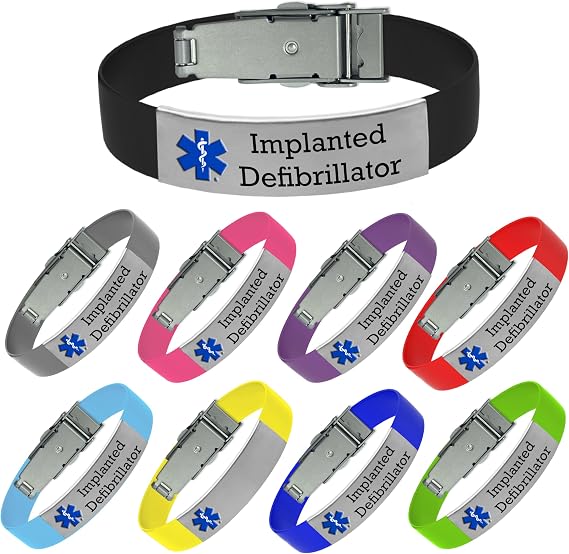 Universal Medical Data Alert Bracelet, Implanted Defibrillator Pink | Adjustable Fit, Silicone Medic Alert Bracelet, Emergency Card and Health Record, Visible, for Men and Women