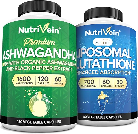 Nutrivein Premium Ashwagandha & Liposomal Glutathione Supplement Bundle: High-Absorption Glutathione Liposomal Supplement & Ashwagandha Supplements for Immunity, Balance, Vitality, Detox