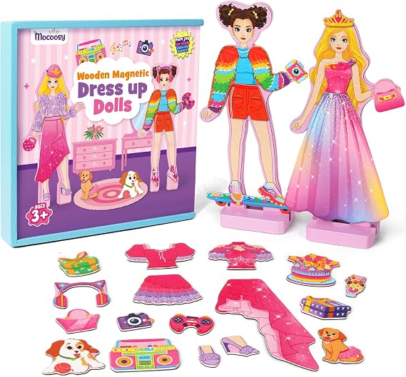 Mocoosy Wooden Magnetic Dress Up Dolls for Kids, Pretend Play Magnet Toys with Storage Case, Travel Game Airplane Car Road Trip Toy On The Go Activity Set Birthday Gift for Girls 3 4 5 6 7 8 Year Old