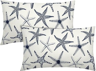 aportt Navy Blue Starfish Lumbar Pillow Covers 12X20 Inch Set of 2 Beach Ocean Coastal Decorative Rectangular Pillow Cases Summer Nautical Cotton Linen Cushion Case Home Decor for Sofa Couch Outdoor
