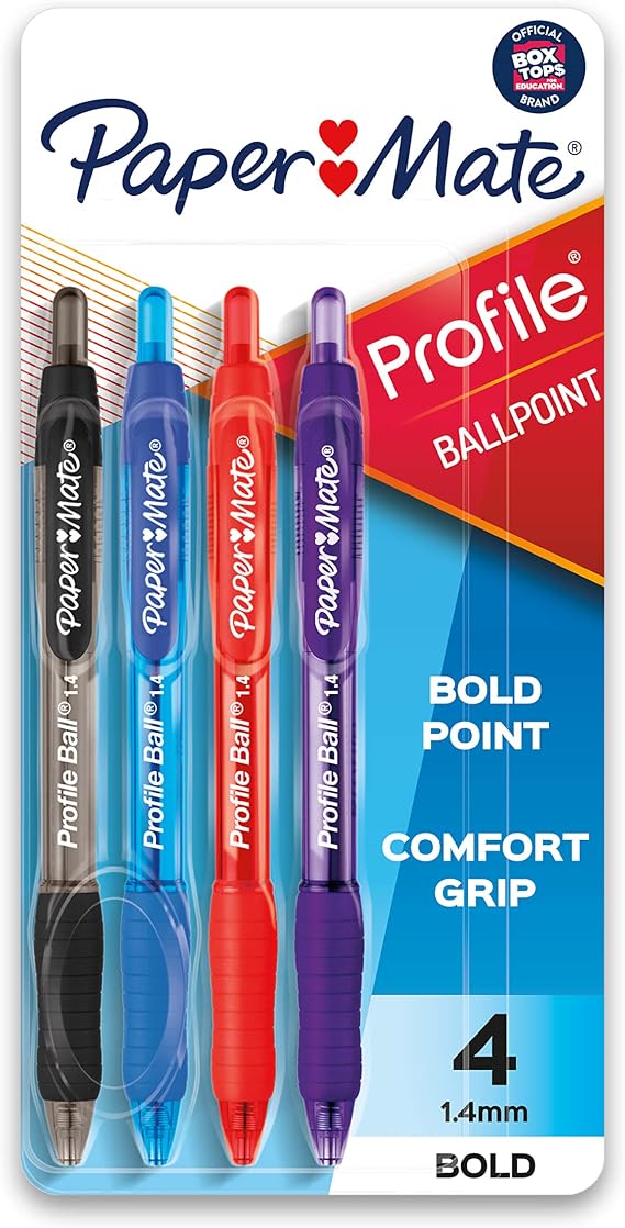 Paper Mate Profile Retractable Ballpoint Pens, Bold Point, Assorted Colors, 4 Pack