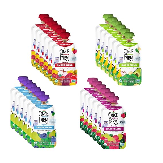 Once Upon a Farm Pouches, Smart Blend Variety Pack, Pineapple, Blueberry, Raspberry, Apple, USDA Certified Organic, Non-GMO, Cold-Pressure Protected, No Sugar Added, Variety Pack of 24
