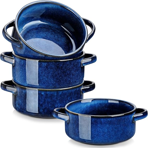 vancasso Starry French Onion Soup Bowls, 30 Oz Soup Crocks Set of 4 | Stoneware Bowls with Easy-Grip Handles, Oven, Microwave and Dishwasher Safe for Onion Soup, Chili, Stews and Baked Dishes