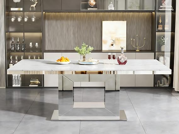 94 in Large Extendable Dining Table for 6 8 10, White Marble Pattern Top & Silver Mirrored Base, 3 Position Expansion 63" to 94", Modern Luxury Expandable Dining Room Table for Dinner Family Gathering