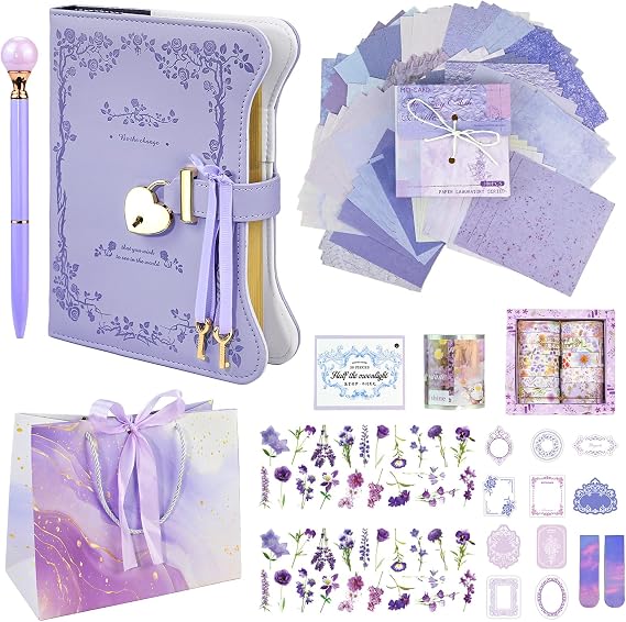 Secret Diary with Lock for Girls Women, A5 PU Leather Journal with Lock, 360 Pages Lockable Notebook Kids Diary with Keys Pen Tape Bookmarks Memo Stickers, Secret Diary for Girls Ages 8-14 (Purple)