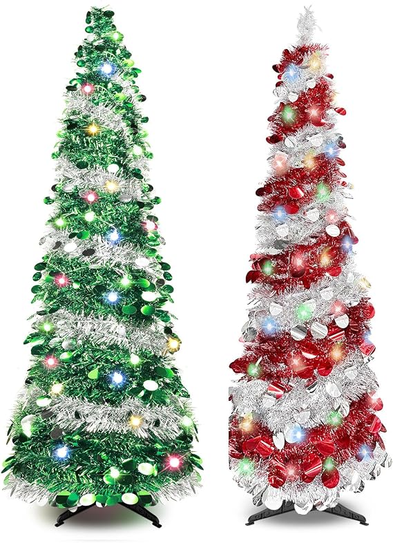 2 PCS 5 FT Pencil Christmas Tree with 90 Colorful Lights, Pop Up Christmas Tree for Home Apartment Basement Fireplace (Green Silver & Red Silver Color)