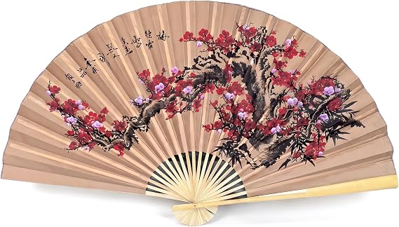 Perodlly Large Fan Wall Decor, Japanese Wall Fan Decor, Traditional Plum Pattern Dual-purpose Silk Hanging Fans, 2.95x1.64ft.