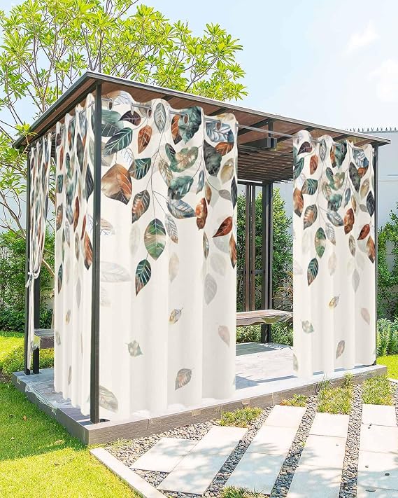 Outdoor Curtains for Patio Waterproof, Glass Blue Gradient Leaves Windows Curtains Panels Light Filtering Outside Drapes for Living Room/Pergola/Garden/Balcony 54" W X 95" L