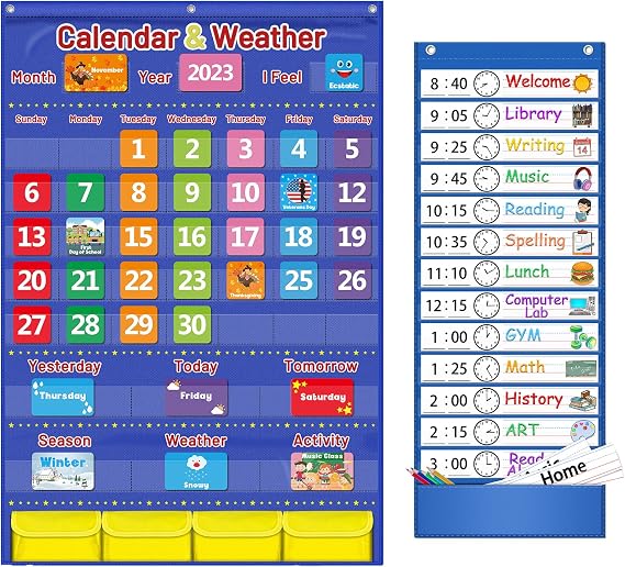 Classroom & Homeschool Organization Jumbo Calendar Weather Pocket Chart + Custom Visual Schedule Board for Kids Learning, Autism-Friendly Educational Supplies (44.5"x28" + 13x36")