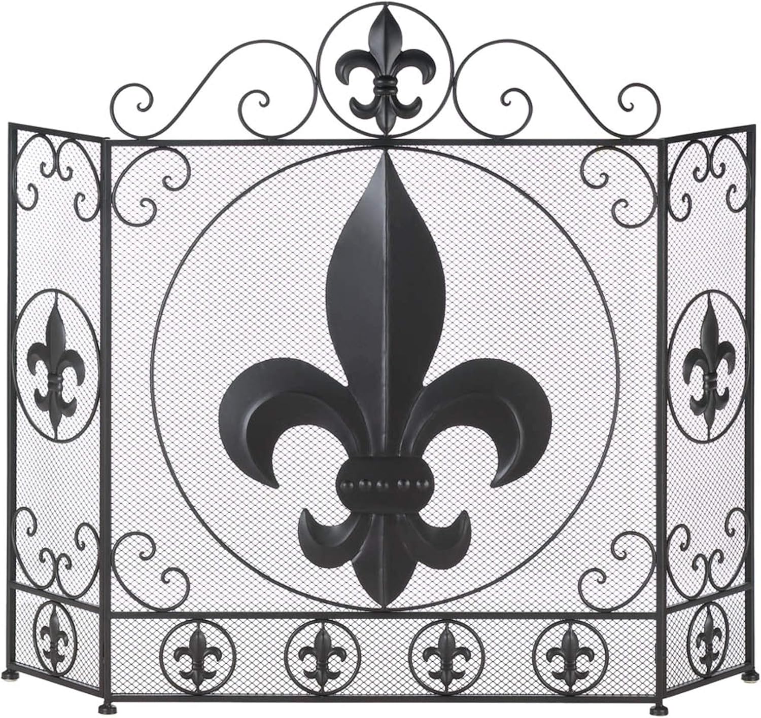 StealStreet French Flair Fireplace Screen, Iron and Mesh Metal, Black, Modern Style, 25.75x8.75x33 inches, Wash