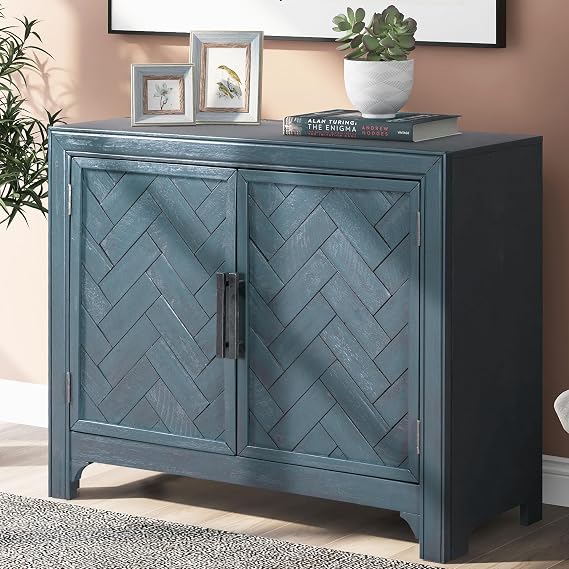 Modern Farmhouse Sideboard Storage Cabinet 40 Small Space Wooden Credenza Coffee Bar with 2 Doors & Adjustable Shelf, Entyway Console for Living Room & Dining Room, Antique Blue