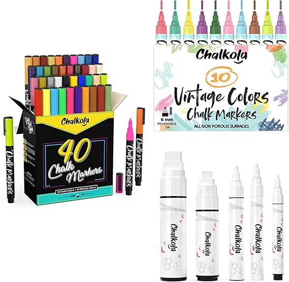 Chalkola 40 Markers 1mm + 5 White Variety + 10 Vintage 6mm Bundle