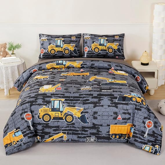 RYNGHIPY Construction Truck Bedding Set Excavator Tractor Bed Set for Boys Bedroom Kids Comforter Sets with 1 Comforter 2 Pillowcases (Black-Grey,Twin)