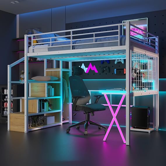 Full Size Metal Loft Bed with Built-in Work Station,Wardrobe,Storage Staircase and LED,Modern Bed Frame with Safety Guardrail for Kids Teen Girls Boys Bedroom Furniture (White-05, Full)