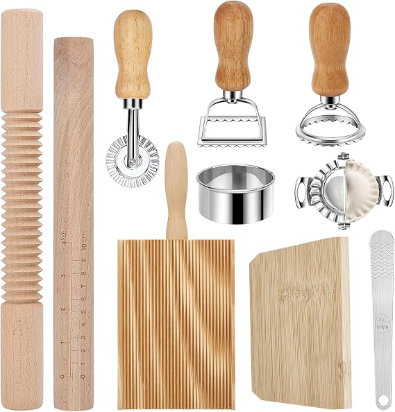 10 PCS Pasta Making Tools with Ravioli Stamp Cutters, Gnocchi Board, Wooden Rolling Pin &amp; Dumpling Maker Pasta Making Kit for Dumplings and Ravioli
