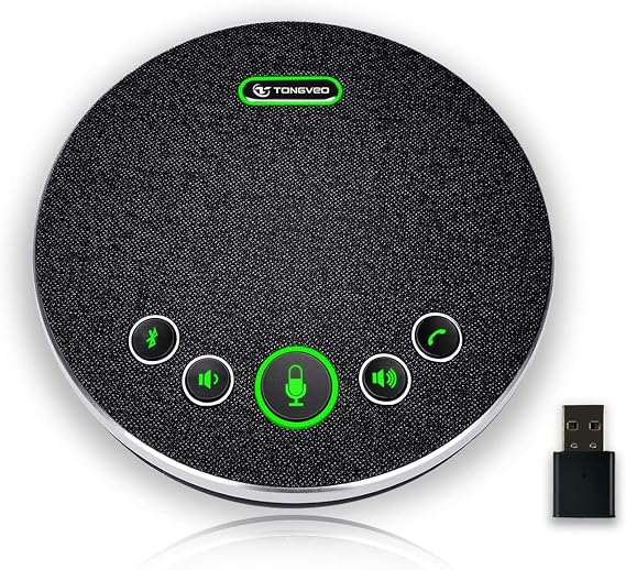 TONGVEO Bluetooth Speakerphone Conference Microphones, Wireless Conference Speaker 360Voice Pick up with 4 AI Noise Cancellation Mics USBDongleBluetooth Connection 8 Hour Call Time for 8-12 People