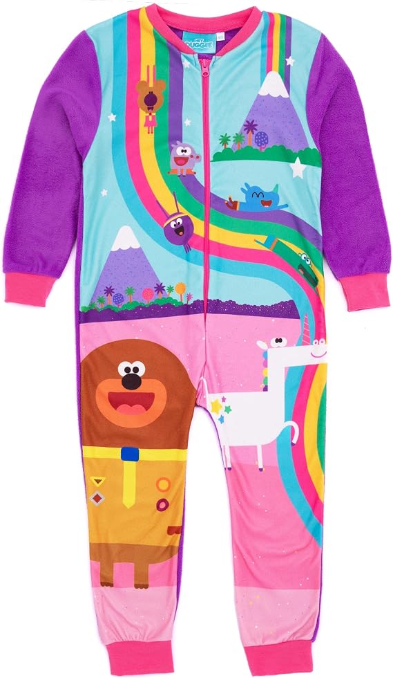 Hey Duggee Girls Onesie | Purple All In One Fleece Pajama Loungewear | Roly, Betty, Happy, Norrie, Tag Fun Kids PJs Sleepsuit