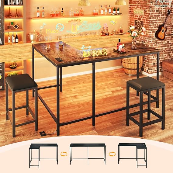 L Shaped Bar Table with Stools, 63 Bar Height Table with Power Outlets, Convertible Corner Counter Height Bar Table with 2 Stools, Rectangular High Top Table for Small Spaces, Breakfast Nook, Rustic