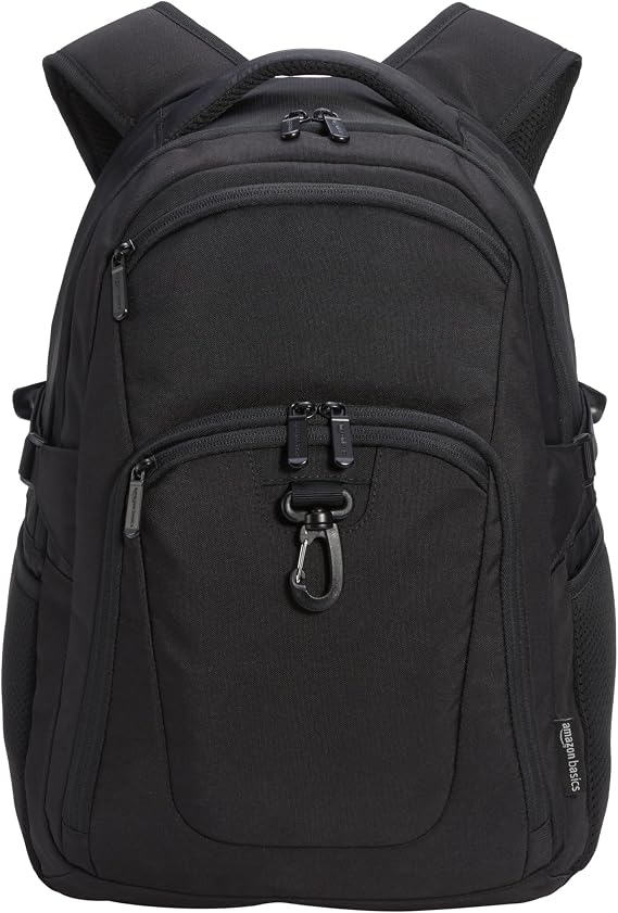 Amazon Basics Travel Laptop Backpack with Multiple Pockets and Compartments for 15.6 inch Laptop, Water Resistant, Spacious with Padded Shoulder Straps, Black
