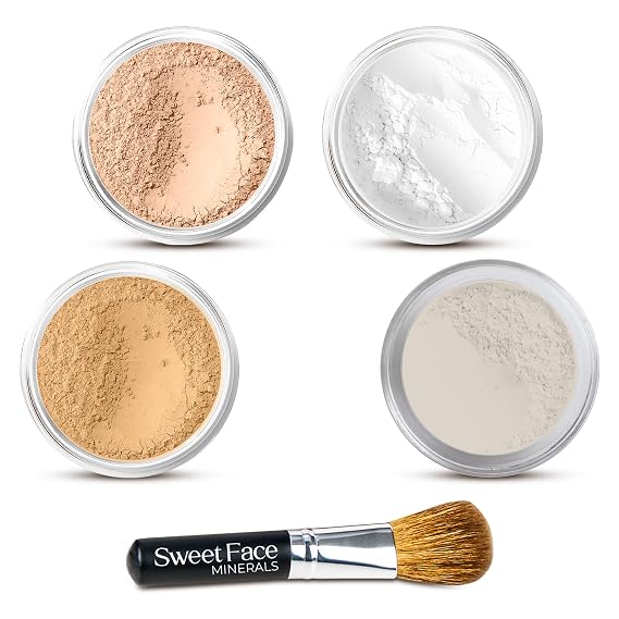 Quick Fix Mineral Makeup Starter Kit for Beginners Sample Size Foundation, Concealer, Veil Primer and Setting Powder with Brush 5-Piece Collection (MEDIUM CONCEALER & BEIGE FOUNDATION)