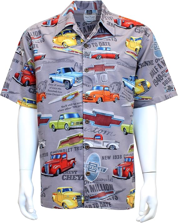 David Carey Chevy Chevrolet Trucks Camp Shirt Retro Inspired Button Up Collared Short Sleeve Grey Club Shirt
