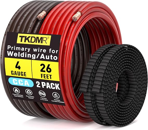 4 Gauge Wire Battery Cable - CCA 4 AWG Electrical Wire Extension Cord, 26FT Red & 26FT Black with Cable Sleeves, for Automotive Power Ground, Battery Cable, Car Audio, RV