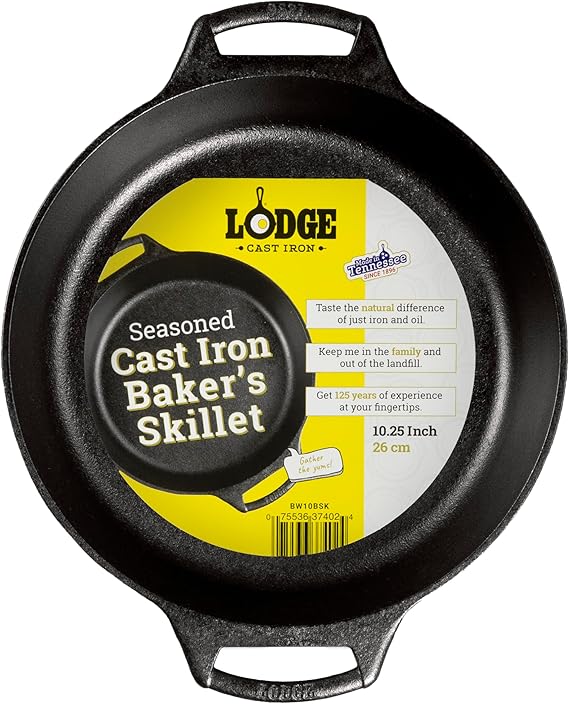 Lodge Seasoned Cast Iron Bakers Skillet - Heavy Duty Baking Pan with Dual Handles - Oven Ready Cast Iron Bakeware for Desserts, Roasting & Baking - 10.25 Inches