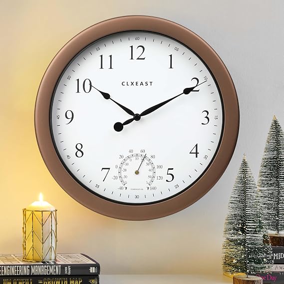 CLXEAST 10.4 Inch Indoor Outdoor Clocks Waterproof,Outdoor Clock with Temperature for Bathroom,Kitchen, Patio,Pool,Bronze/Dark Brown Finish,House Warming Gifts New Home