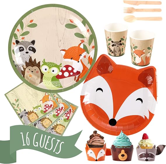 Pop Fizz Designs Woodland Creatures Party Pack | Plates, Napkins, Cups, Silverware, and Cupcake Wrappers