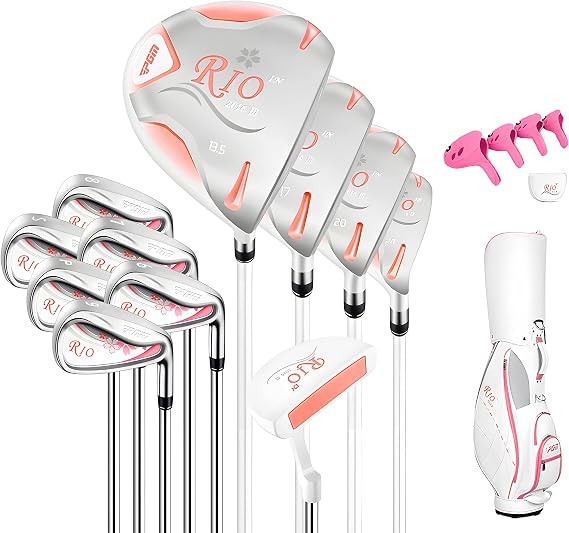 PGM Rio Ladies Womens Complete Right Handed Golf Clubs Set Includes Titanium Driver, S.S. Fairway, S.S. Hybrid, S.S. 6-9, PW/SW Irons, Putter, Stand Bag, 5 Headcover LTG038