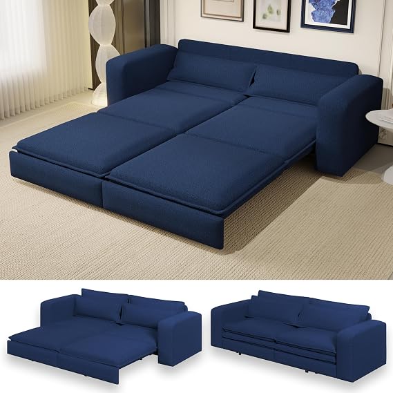 93" King Pull Out Sofa Bed, 3 in 1 Convertible Sleeper Sofa Couch, Comfy 3 Seater Sleeper Bed with 2 Pillows, Modern Upholstered Sherpa Fleece Futon Couches for Living Room, Bedroom, Blue