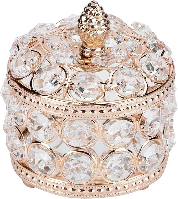 Crystal Jewelry Trinket Box with Glass Lid,Crystal Decorative Jewelry Box,Earrings Rings Bracelets Storage Box for Wedding Birthday Gift,Gold