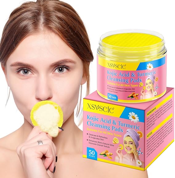 Turmeric Kojic Acid Pads, Kojic Acid and Turmeric Cleansing Pads, Infused Foaming Exfoliating Pads Cleansing Pads for Dark Spots, Dull Skin, Unclog Pores, Helps Balance Skin Oil And Water(50 Pads)