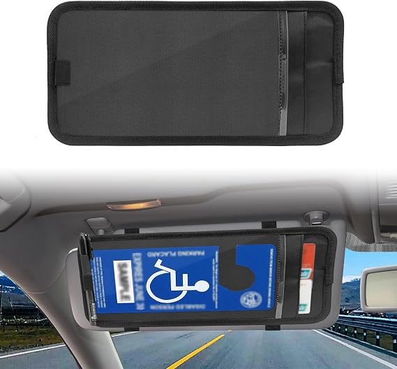 Handicap Placard Holder for Auto, Disabled Parking Permit Sign Protector for Car Visor Auto Card Clip with PVC Pen Holder, Elastic Strap, Note Paper Card Slot (Black)