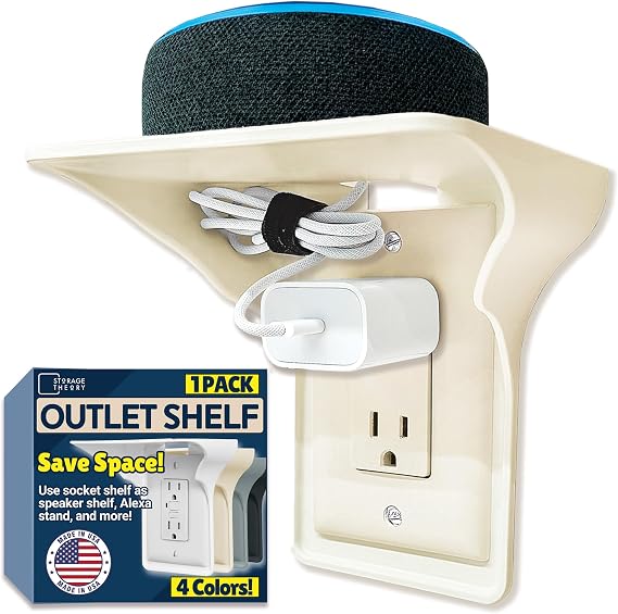 Power Perch Outlet Shelf for Alexa, HomePod Mini, Almond 1 Pack Made in USA | Outlet Wall Mount with Cord Storage Strap, Charging Station, WiFi Router Shelf for Bathroom, Bedroom, Kitchen, Holds 10 lb