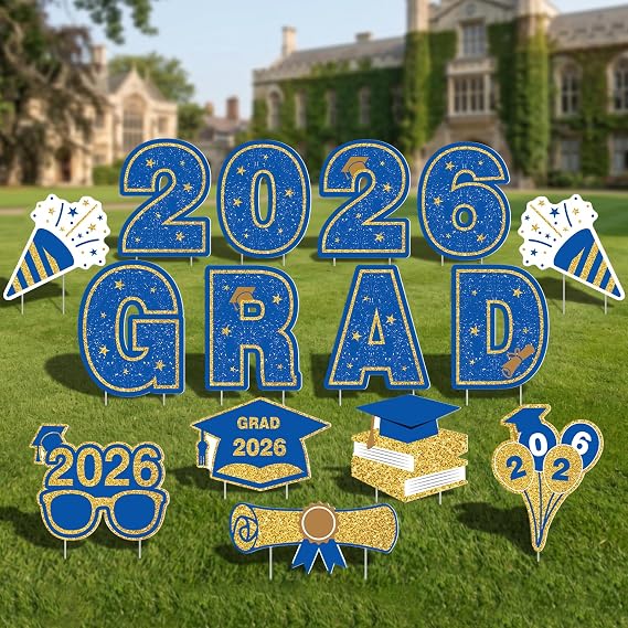 15 Pcs Large Graduation Yard Signs Class of 2026 Blue and Gold, Congrats Grad Lawn Decorations with 28 Stakes for Outdoor Lawn, High School College Graduation Party Yard Decor (Blue)