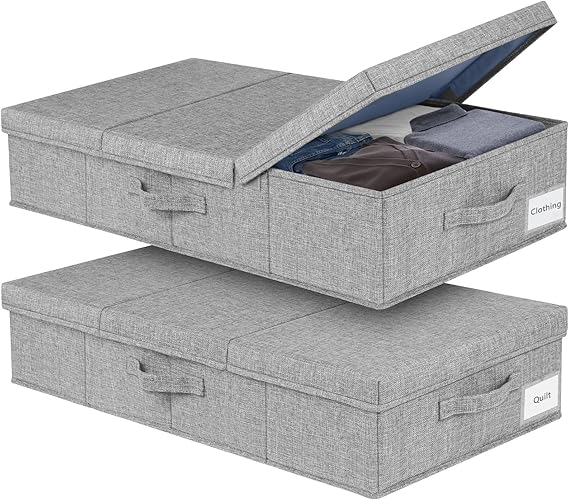 JUPELI 48L Rigid Under Bed Storage Boxes with Lids,15 cm High, 2Pack, Grey