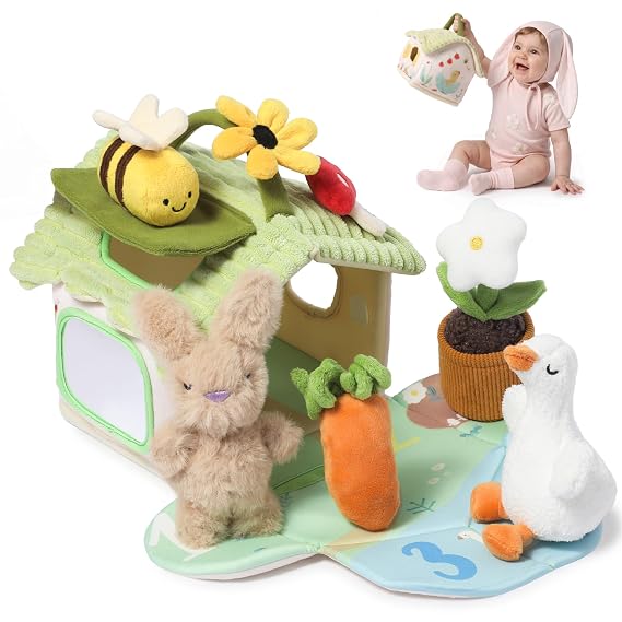 let's make Baby Sensory Toy 6-12 Months, 2-in-1 Cottage Playset with Stuffed Bunny Goose Bee, Crinkle Squeak Rattle Soft Barn, Montessori Toys Travel for Infants, Baby Gifts for Boys 1 Year Girls