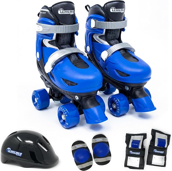 Chicago Roller Skates for Girls & Boys with Protective Gear Helmet, Knee Pads & Wrist Guards Durable Top Performance Indoor/Outdoor Use, Safety High Top Boot, 60mm PU Wheels with Secure Buckles