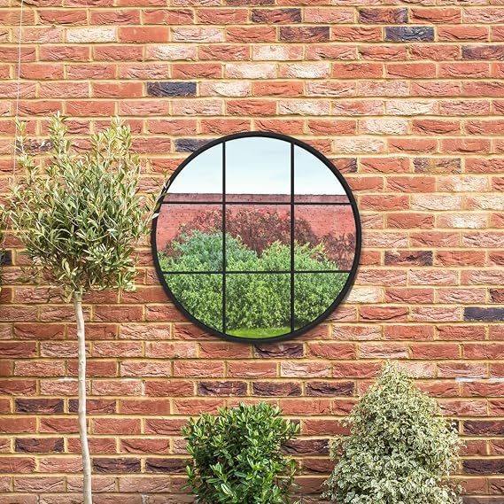 MirrorOutlet The Circulus - Solid Black Metal Framed Window Modern Round Circular Garden Wall Mirror 31" X 31" (80CM X 80CM) Silver Mirror Glass with Black All weather Backing.